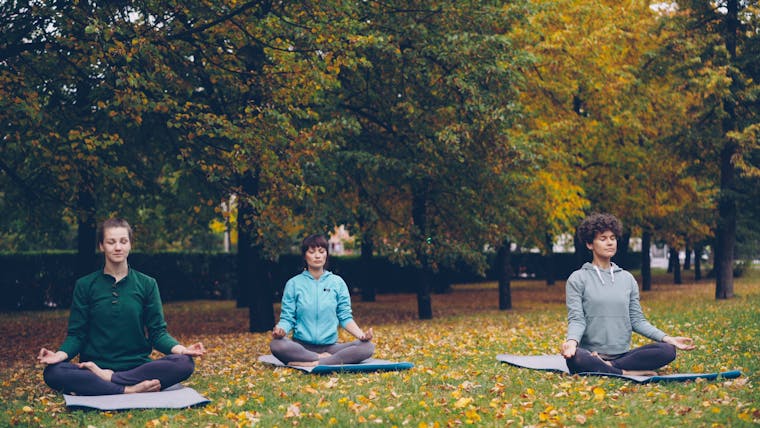 Three women meditate outdoors in autumn park for relaxation and wellness.